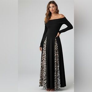 Asymmetrical Shoulder Leopard Print Flared Long Sleeve Dress Black
